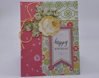 Happy birthday banner card with yellow rose