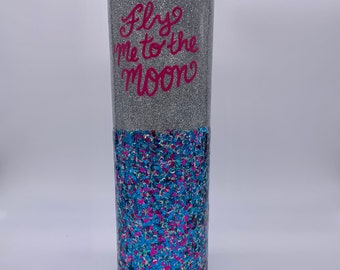 fly me to the moon glitter tumbler with straw, Mothers Day gift from daughter, tween girl gifts, best friend birthday gift for her, iced