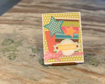 celebrate card, gender neutral baby shower card, happy anniversary card for couple, graduation card for him, new home card handmade, new job