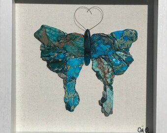 Original Blue Imperial Sea Jasper Butterfly Shadow Box Art