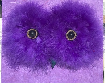 Original Purple Feather Owl Face in Fringed Acorns Shadow Box Wall Art 8 x 8