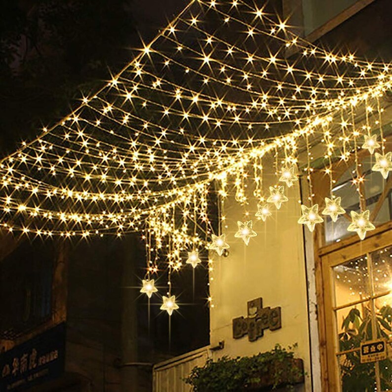 Christmas Fairy Light Window Curtain Lights Plug in String Lights with 10 Stars 8 Flashing Modes Decoration for Party,Wedding,Bedroom,Lawn