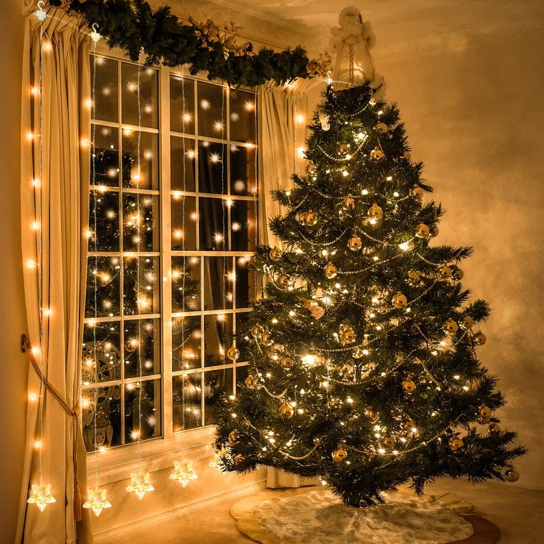 Christmas Fairy Light Window Curtain Lights Plug in String Lights with 10 Stars 8 Flashing Modes Decoration for Party,Wedding,Bedroom,Lawn