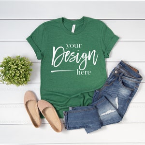 Heather Grass Green 3001 Bella Canvas T-shirt Mockup Women | Flatlay ...