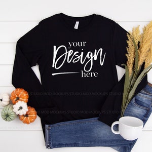 Bella Canvas Mockup CAMISETA NEGRA Mockup Camiseta Maqueta Bella Canvas 3501 Maqueta de manga larga Maqueta Camiseta Maqueta De camisa de otoño Maqueta