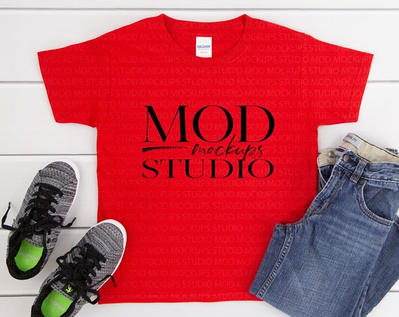 Download T Shirt Mockup Gildan Youth 5000b Red Boys Red T Shirt Best Free Psd Templates