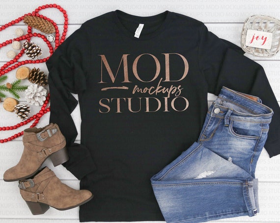 Bella Canvas 3501 Black Long Sleeve Mockup Holiday