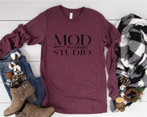 Maroon Triblend Bella Canvas 3501 Long Sleeve Mockup