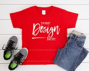 T-Shirt Mockup Gildan Youth 5000B Red Boys Red Tshirt mockups T-shirt Mock Up Kids Flatlay Mockup