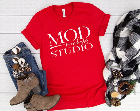 Red Bella Canvas 3001 T-Shirt Mockup Holiday Mock