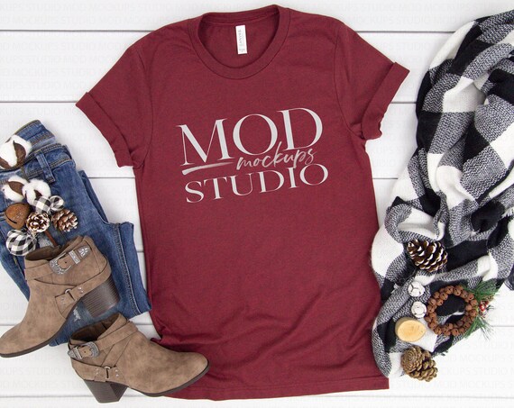 Heather Cardinal Bella Canvas 3001 T-Shirt Mockup Holiday