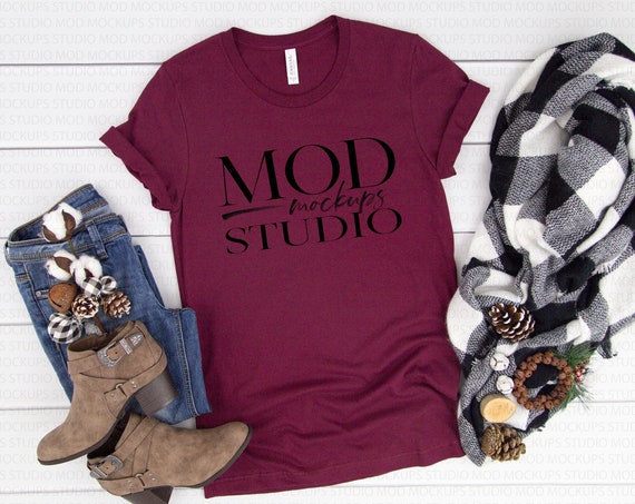 Maroon Bella Canvas 3001 T-Shirt Mockup Holiday Mock