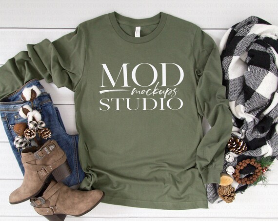 Military Green Bella Canvas 3501 Long Sleeve Mockup