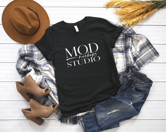 Bella Canvas 3001 Vintage Black T-Shirt Mockup Fall