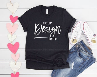 Black Heather Bella Canvas 3001 T-shirt Mockup | Valentine Mock up, Valentine Flatlay, T-Shirt Mock Up, Flat Lay, Feminine Flat Lay