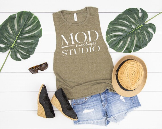 Bella Canvas 8803 Mockup Heather Olive Tank Flat Lay