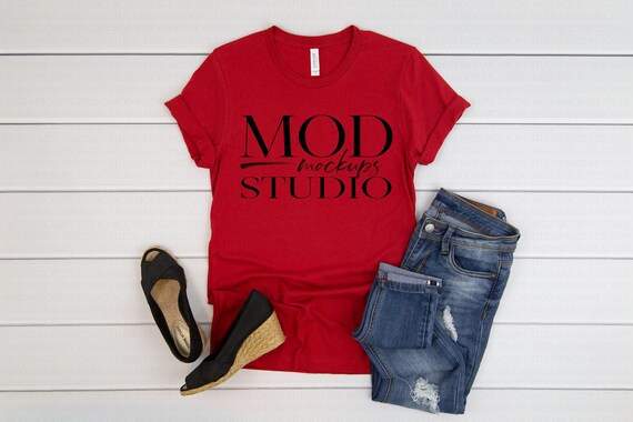 Canvas Red Bella Canvas 3001 Mockup Women Flatlay