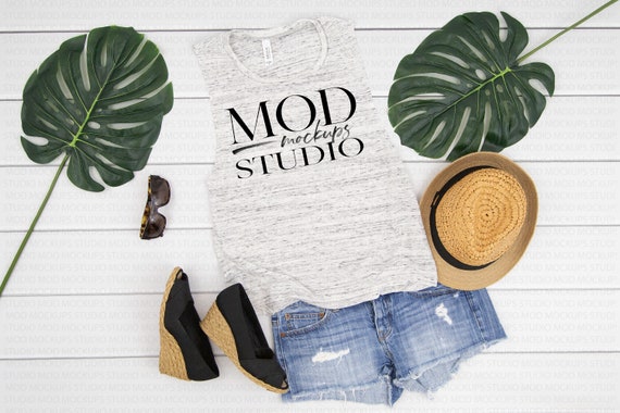 Bella Canvas 8803 Mockup White Marble Tank Flat Lay Bella Canvas 8803 Mockup White Marble Tank Flat Lay