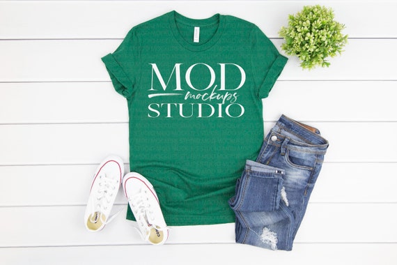 Evergreen Bella Canvas 3001 T-Shirt Mockup Flat Lay