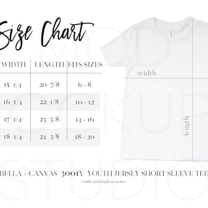 Bella 3001Y Mockup Size Chart, Bella Canvas Mock Up Youth Size Chart, Bella Canvas 3001Y Size Charts, Sizing Guide, Kids T-shirt Mockup
