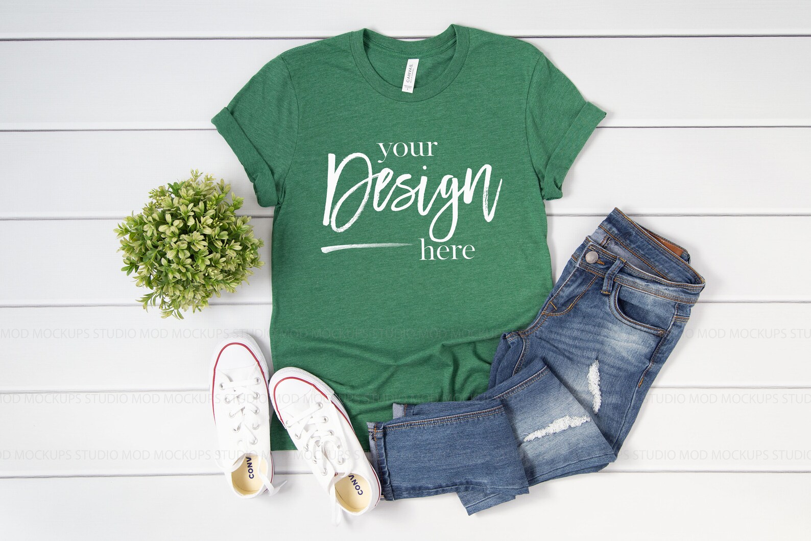 Heather Grass Green 3001 Bella Canvas T-shirt Mockup Women | Flatlay ...