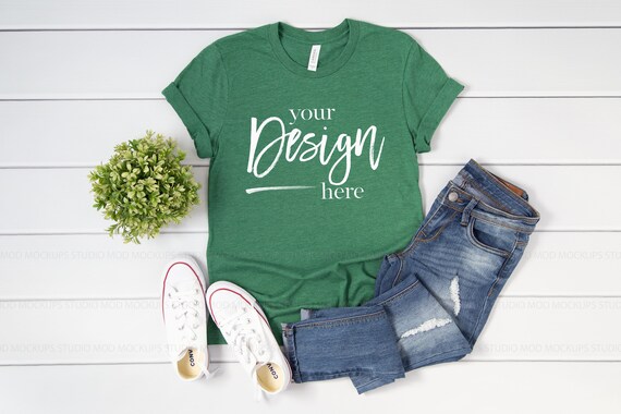 Heather Grass Green 3001 Bella Canvas T-shirt Mockup Women | Flatlay Mock up