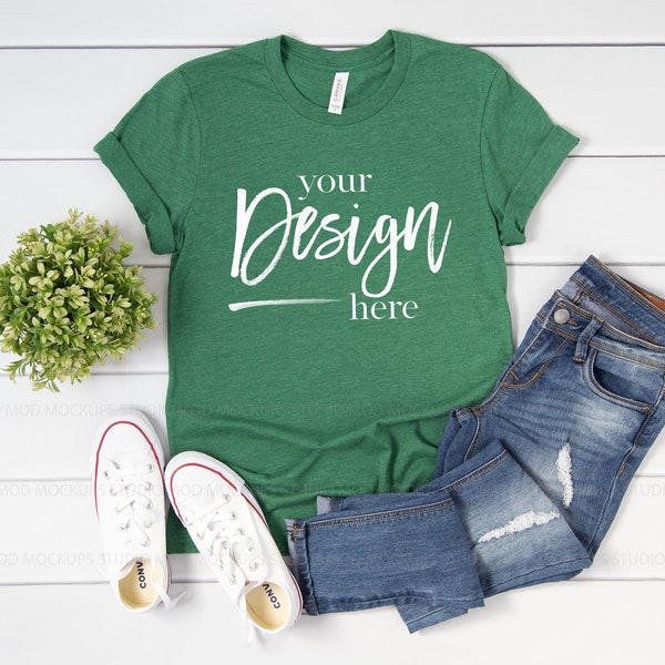 Heather Grass Green 3001 Bella Canvas T-shirt Mockup Women | Flatlay Mock up