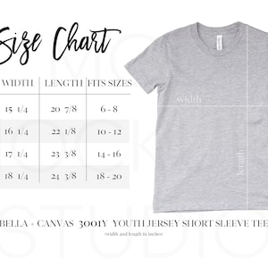 3001Y Size Charts Bella Canvas Mock Up Youth Size Chart, Bella Canvas 3001Y, Size Chart Bella 3001Y Mockup Sizing Guide, Kids T-shirt Mockup