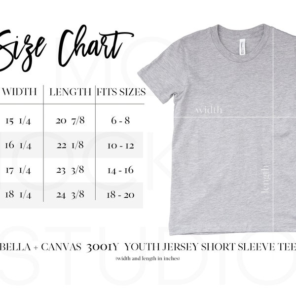 3001Y Size Charts Bella Canvas Mock Up Youth Size Chart, Bella Canvas 3001Y, Size Chart Bella 3001Y Mockup Sizing Guide, Kids T-shirt Mockup