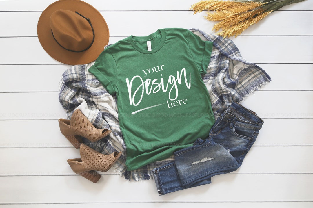 Bella Canvas 3001 Mockup Heather Grass Green T-shirt Mockup Fall Mockup ...