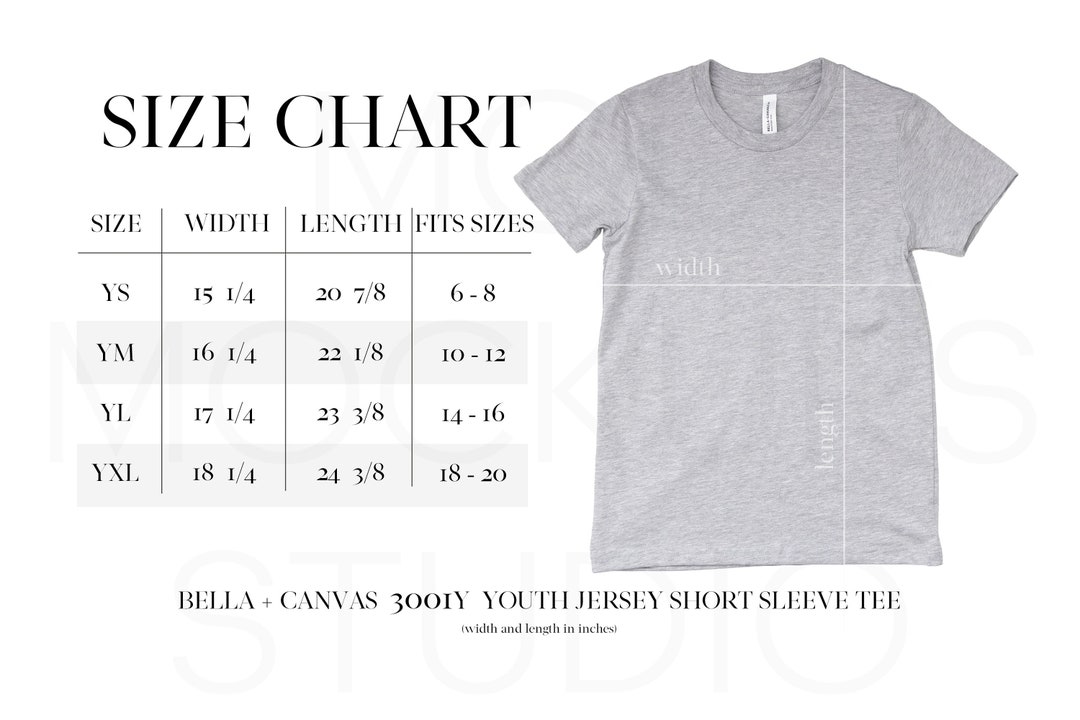 Youth Size Chart Bella Canvas Mock Up, Bella Canvas 3001Y Size Charts ...