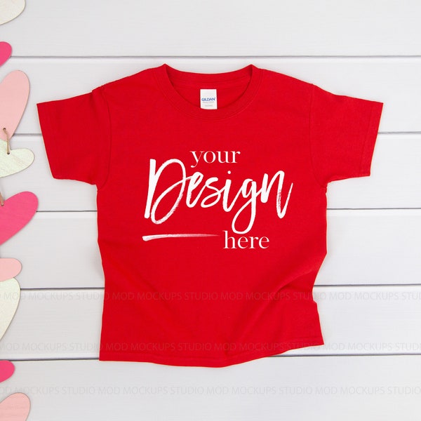 Gildan Youth 5000B Red Unisex Valentine's Day Mockup Red Tshirt mockups T-shirt Mock Up Kids Flatlay Mockup