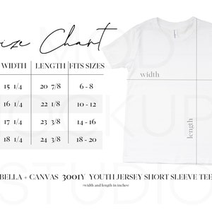Bella 3001Y Mockup Size Chart, Bella Canvas Mock Up Youth Size Chart, Bella Canvas 3001Y Size Charts, Sizing Guide, Kids T-shirt Mockup