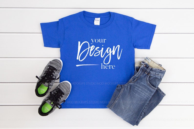 Download Blue T-Shirt Mockup Gildan Youth 5000B Royal Blue Boys ...