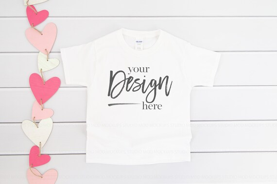 Valentine's Day Mockup Gildan Youth 5000B White Unisex White Tshirt mockups T-shirt Mock Up Kids Flatlay Mockup