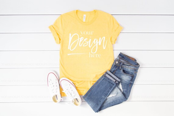 Bella Canvas 3001 Tshirt Mockup Tee Mockup Heather Yellow Flat Lay Mock up Shirt Clothing Mockups Digital Mockup Flat Lay T-shirt Mockup