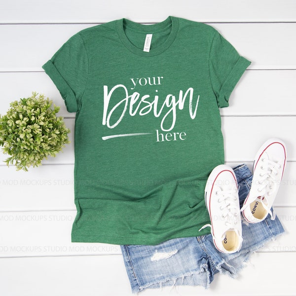 Heather Grass Green 3001 Bella Canvas T-shirt Mockup Women | Flatlay Mock up