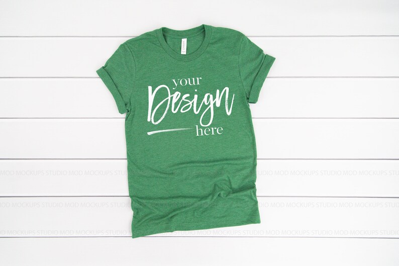 Tee Mockup Heather Grass Green Bella Canvas 3001 Mockup Flat | Etsy