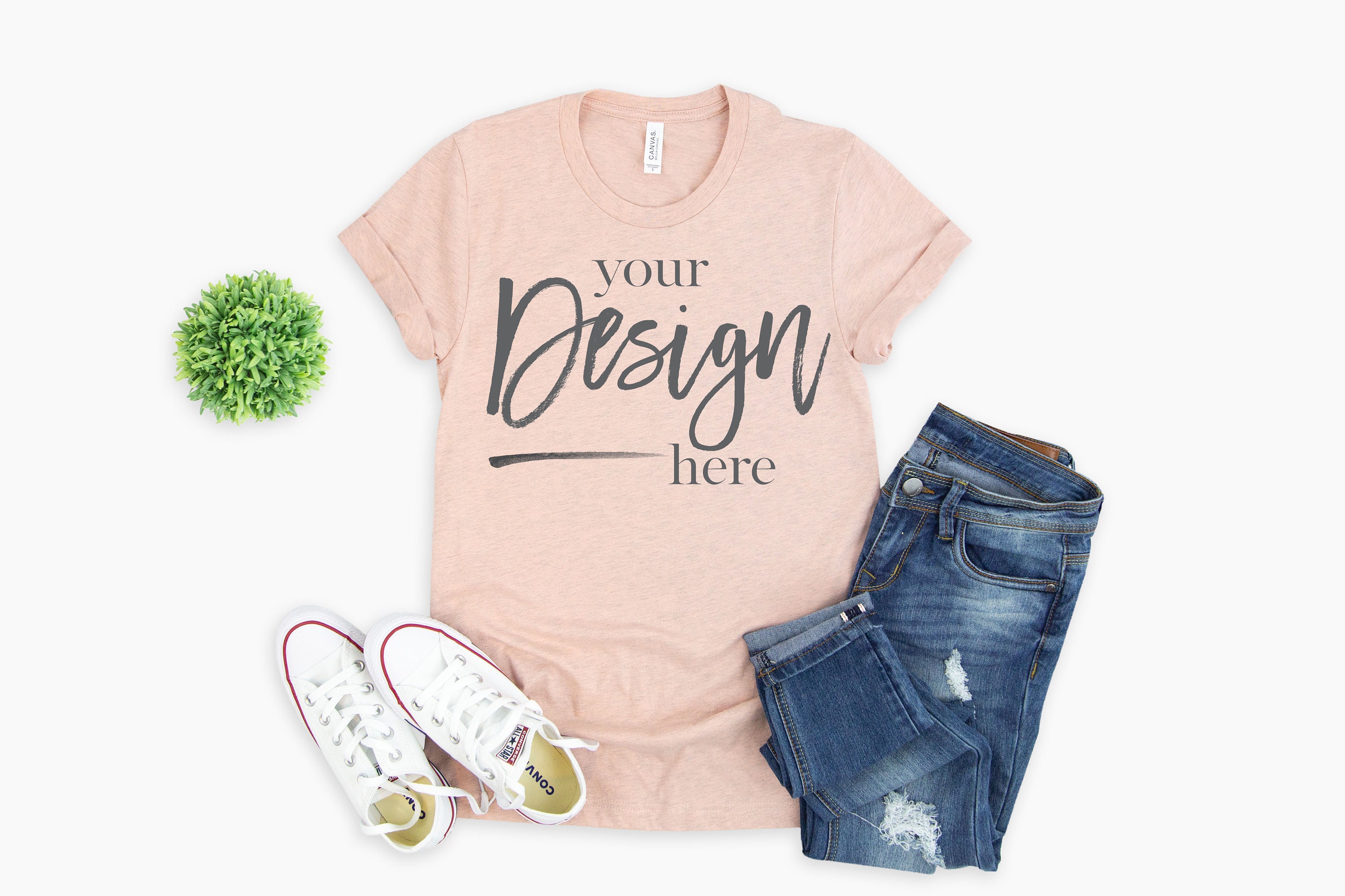 Download Heather Prism Peach Bella Canvas 3001 T-Shirt Mockup Women ...