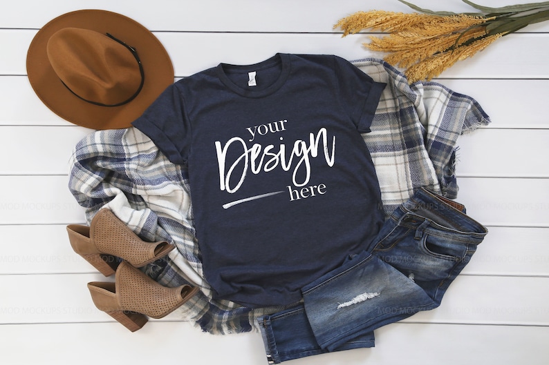 Bella Canvas 3001 HEATHER MIDNIGHT NAVY T-shirt Mockup Fall | Etsy