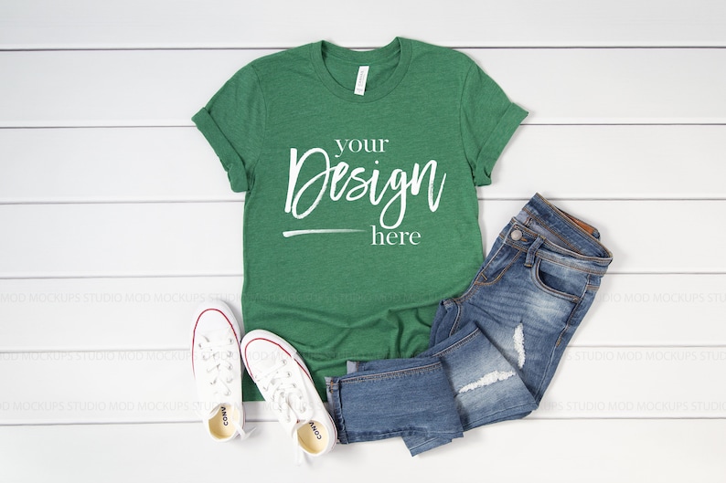 T-shirt Mockup Heather Grass Green Bella Canvas 3001 Mockup | Etsy