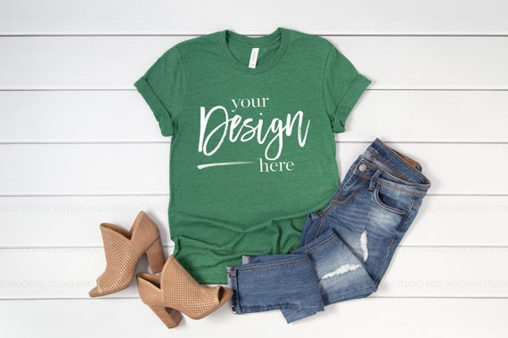 T Shirt Mockup Heather Grass Green Bella Canvas 3001 Mockup Etsy