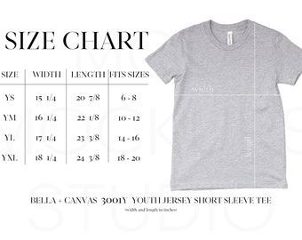 Youth Size Chart Bella Canvas Mock Up, Bella Canvas 3001Y Size Charts, Size Chart Bella 3001Y Mockup, Sizing Guide, Kids T-shirt Mockup