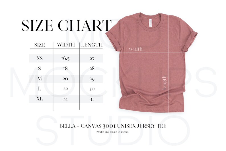 Bella Canvas Size Chart Bella 3001 Size Chart Unisex Size - Etsy