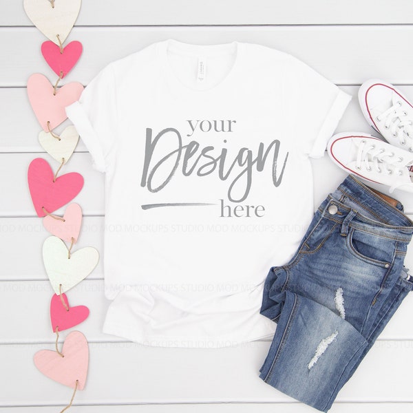 Valentine T-Shirt Mockup | White Bella Canvas 3001 T-shirt Mockup | Valentine Mock up, Valentine Flatlay, Flat Lay, Shirt Mockup