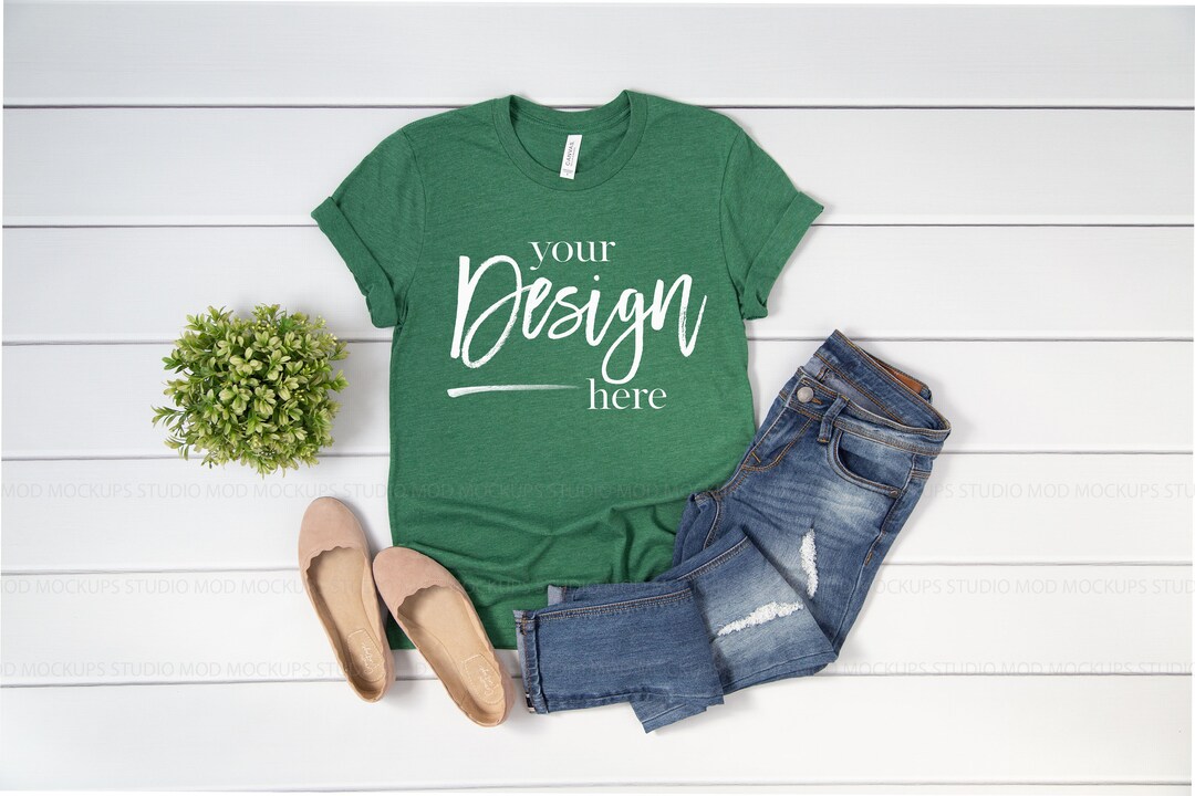 Heather Grass Green 3001 Bella Canvas T-shirt Mockup Women | Flatlay ...