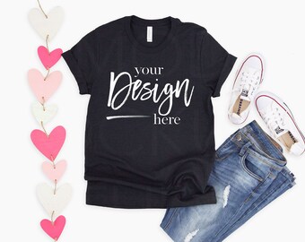Black Heather Bella Canvas 3001 T-shirt Mockup | Valentine Mock up, Valentine Flatlay, T-Shirt Mock Up, Flat Lay, Feminine Flat Lay
