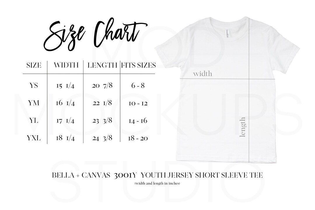 Bella 3001Y Mockup Size Chart, Bella Canvas Mock up Youth Size Chart ...