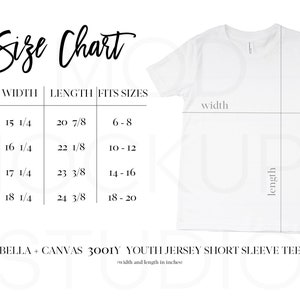 Bella 3001Y Mockup Size Chart, Bella Canvas Mock Up Youth Size Chart, Bella Canvas 3001Y Size Charts, Sizing Guide, Kids T-shirt Mockup