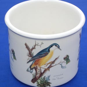 May include: White ceramic container featuring a detailed illustration of a Nuthatch bird on a branch. The bird has blue, yellow, and white plumage. The container has a smooth, glossy finish and the text "Nuthatch" is printed on the side.